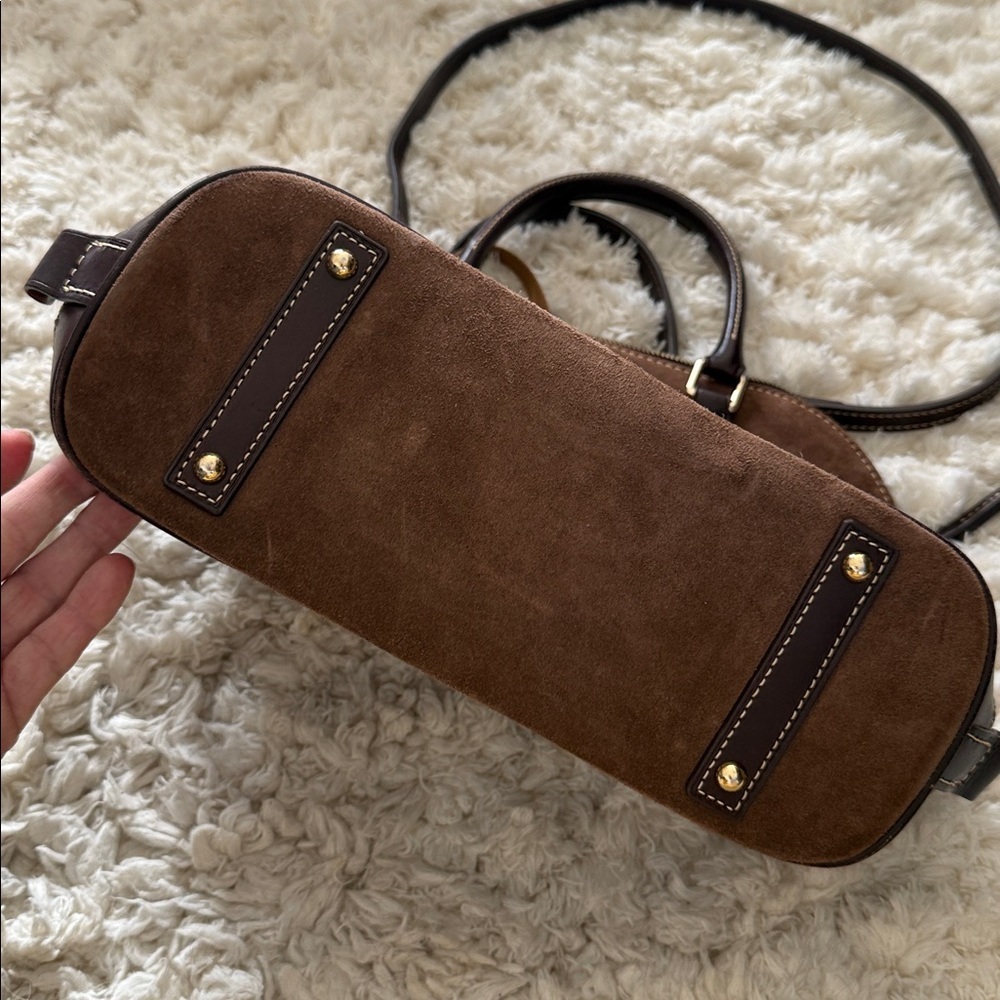 Dooney & Bourke Brown Suede Leather Dome Satchel Crossbody Bag Red Lining - Picture 4 of 12